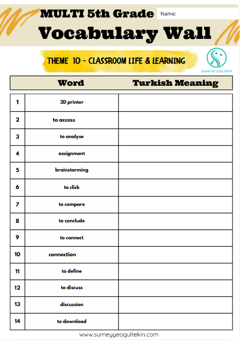 MULTI 5th Grade - THEME 10- Vocabulary Exercise English-Turkish
